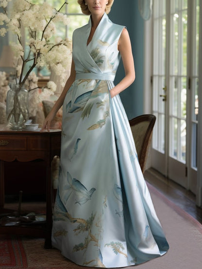 V-neck Elegant Trailing Satin Print Dress