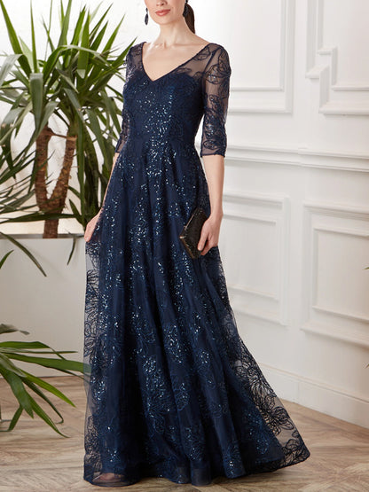 V-neck Lace Solid Color Maxi Dress