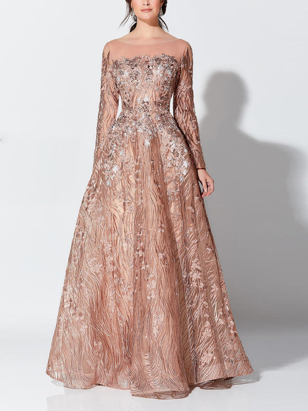 Round Neck Lace Long Sleeve Maxi Dress