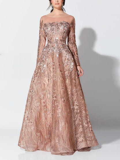 Round Neck Lace Long Sleeve Maxi Dress