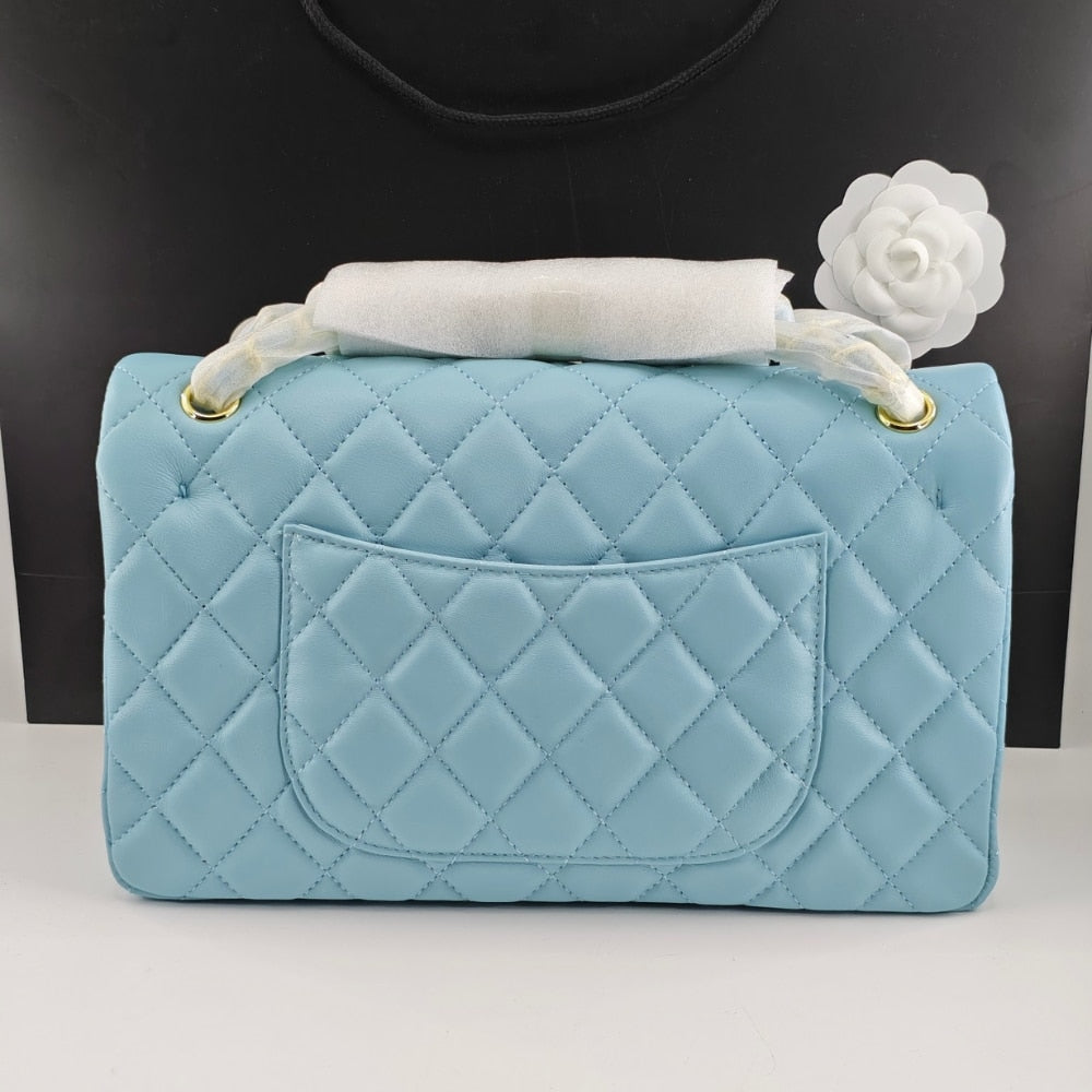 CHANEL CLASSIC 11.12 HANDBAG GOLD TONE METAL LIGHT BLUE 30CM