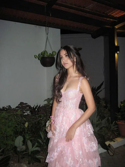 A-Line Appliques Pretty Pink Lace Tiered Long formal dresses Bridesmaid Dresses evening gown Prom Dress DP287