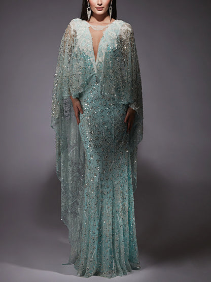 Solid Color Mesh Sequin Lace Maxi Dress