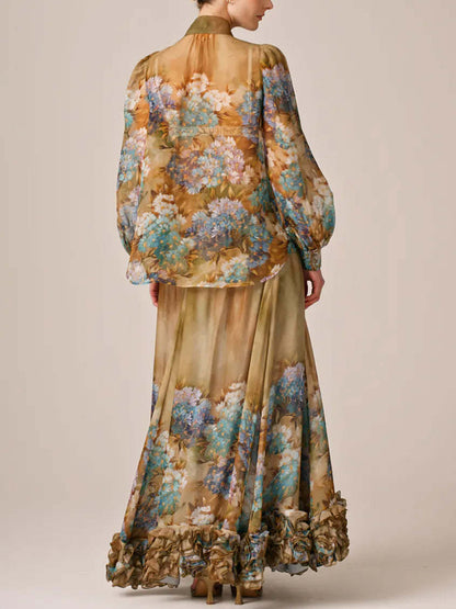 Organza Temperament Print Comfortable Women's Skirt Suit