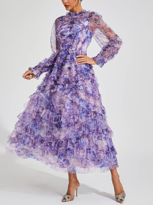 Round Neck Long Sleeves Printed Midi Dress