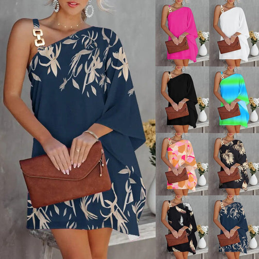 loveedsTM- Sexy One Shoulder Dress Women 2024 Fashion Printed Loose Office Mini Dresses Casual Straps Batwing Sleeve Beach Party Dresses