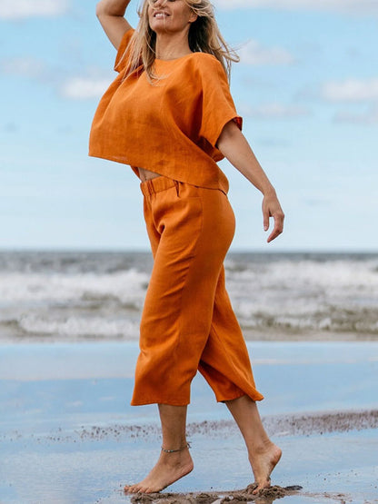 Casual Simple Solid Color Cotton Linen Women's Sets
