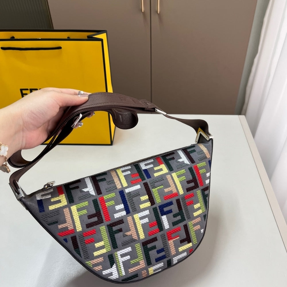 FENDI MELON SMALL CANVAS BAG WITH MULTICOLOUR FF EMBROIDERY GREY 24CM 7VA635ATFSF11RG