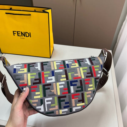 FENDI MELON SMALL CANVAS BAG WITH MULTICOLOUR FF EMBROIDERY GREY 24CM 7VA635ATFSF11RG
