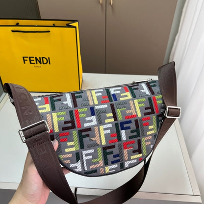 FENDI MELON SMALL CANVAS BAG WITH MULTICOLOUR FF EMBROIDERY GREY 24CM 7VA635ATFSF11RG