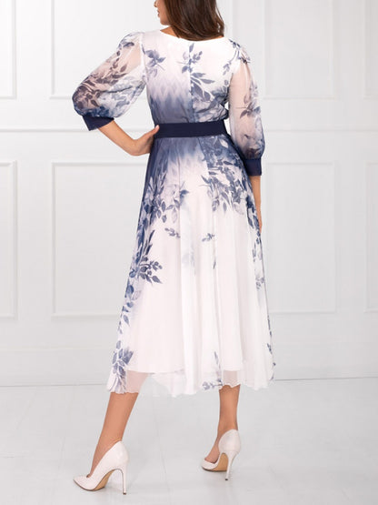 Ink Print Waist-hugging Style Women's Dress