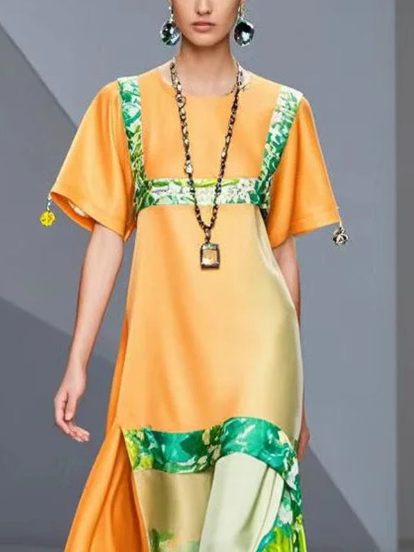 Orange Printed Fitted Silk Robe Dress