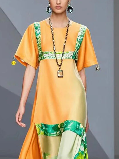 Orange Printed Fitted Silk Robe Dress