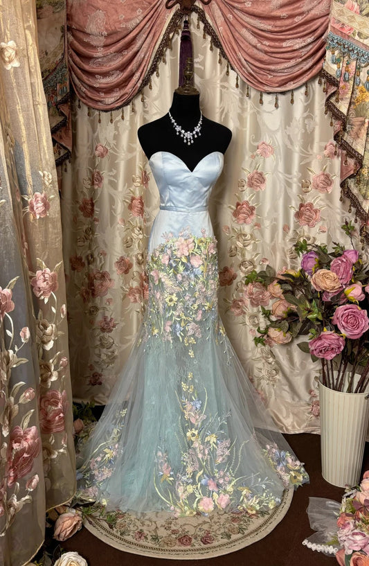 Blue floral elegant long tulle trailing ball gown evening dress gh4384