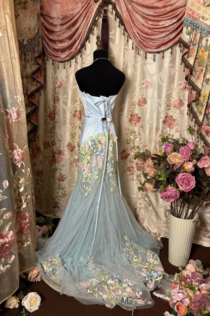 Blue floral elegant long tulle trailing ball gown evening dress gh4384