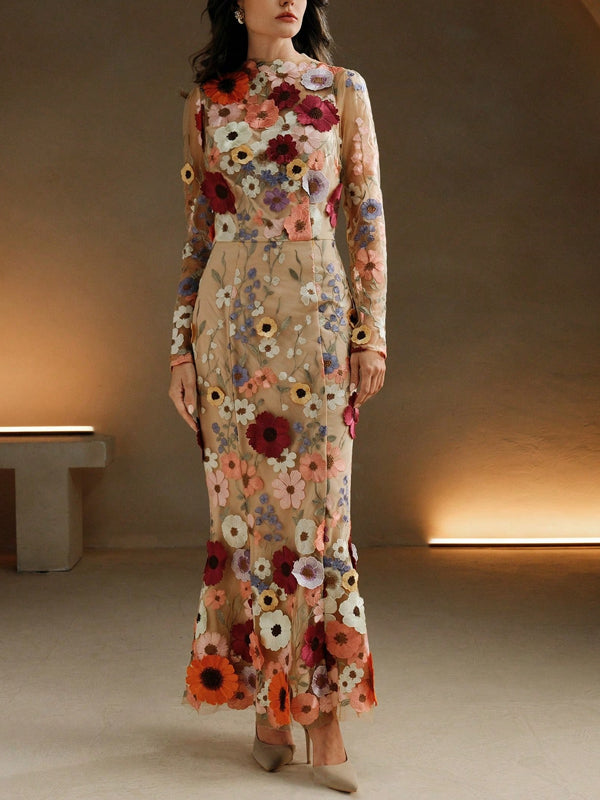 Women Elegant Mesh Flower Embroidery Long Dress