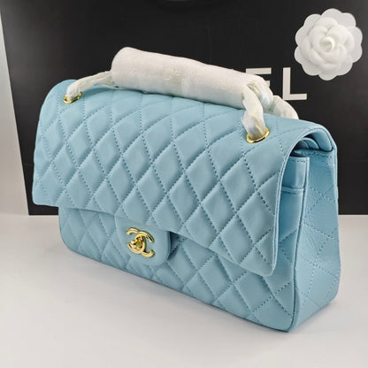 CHANEL CLASSIC 11.12 HANDBAG GOLD TONE METAL LIGHT BLUE 30CM
