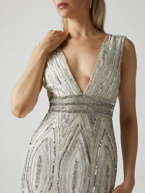 V-neck Sleeveless Sequins Maxi Dress