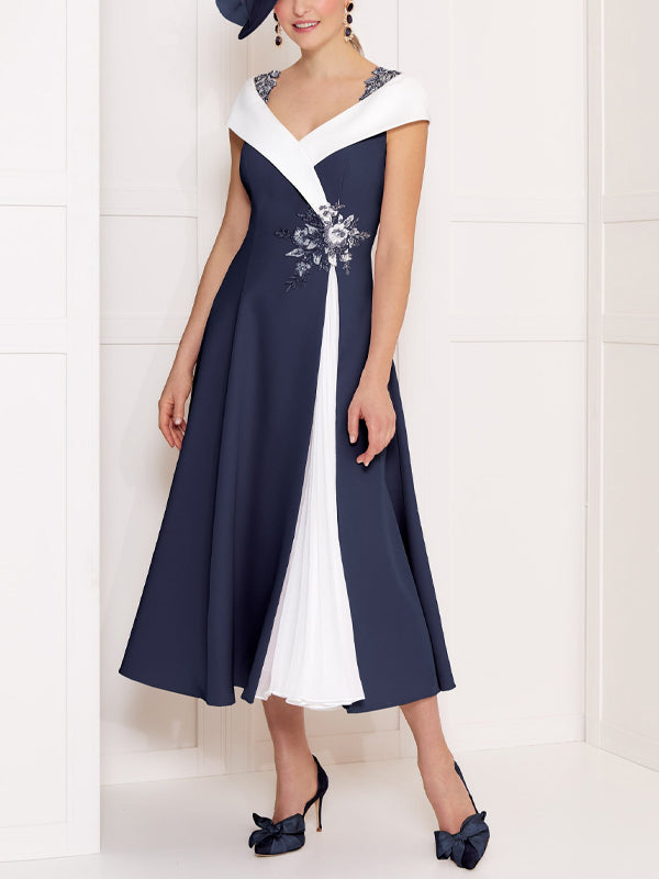 V-Neck Color Matching Midi Dress