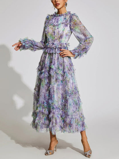 Mesh Printed Long Sleeves Maxi Dress
