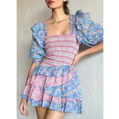loveedsTM-mixed floral prints ruffled party dress puff sleeve square neck smocked sexy laides dress mini chic summer dress