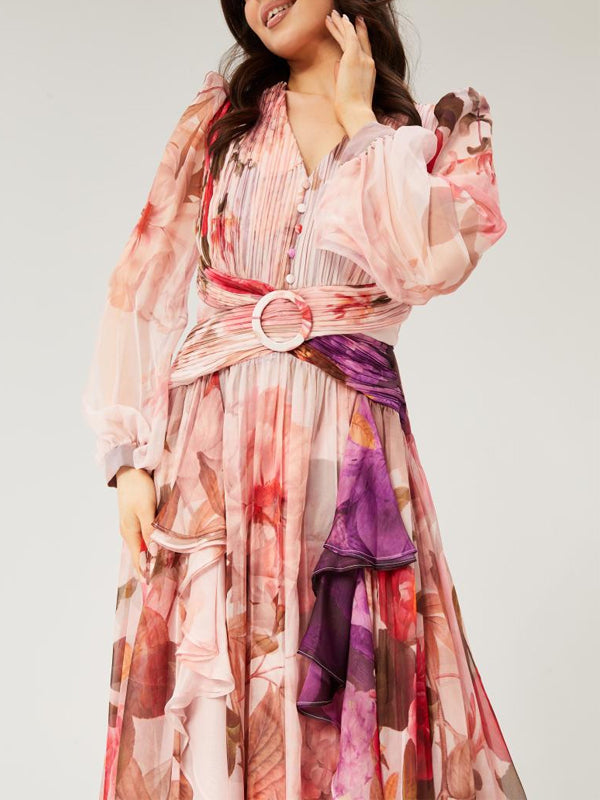 V-neck Colorful Printed Chiffon Maxi Dress