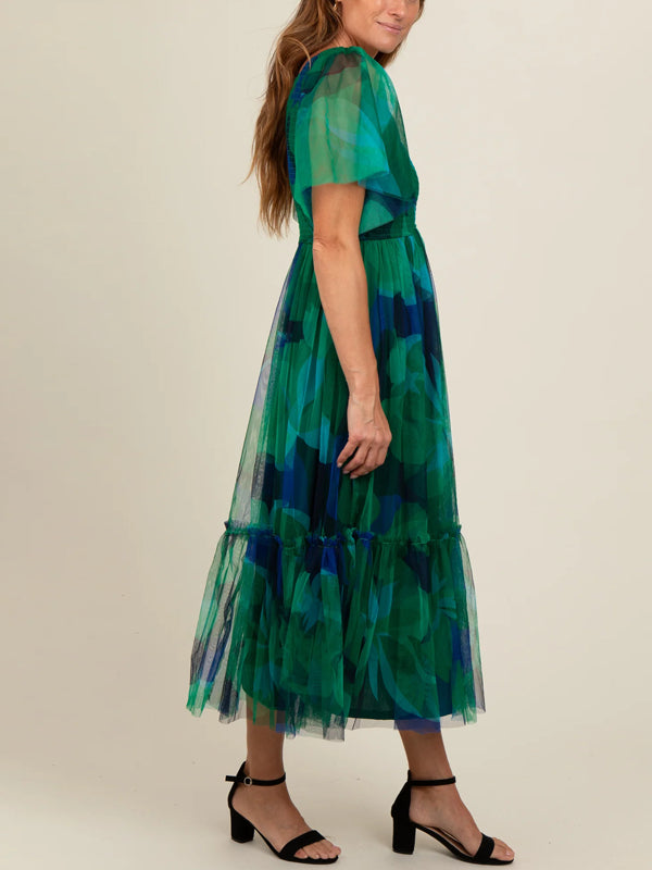 Leaf Print Mesh Smocked Midi Dress