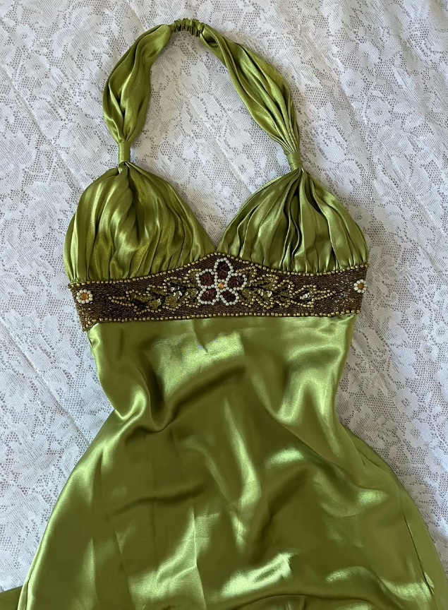 Vintage Sheath Halter Beaded Green Satin Open Back Prom Dress Graduation Prom Dress SH2570