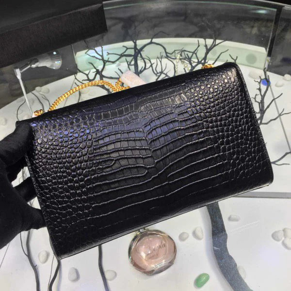 YSL Monogram Kate 24 Black Crocodile Shiny Pattern Bags 24 x 15 x 5cm