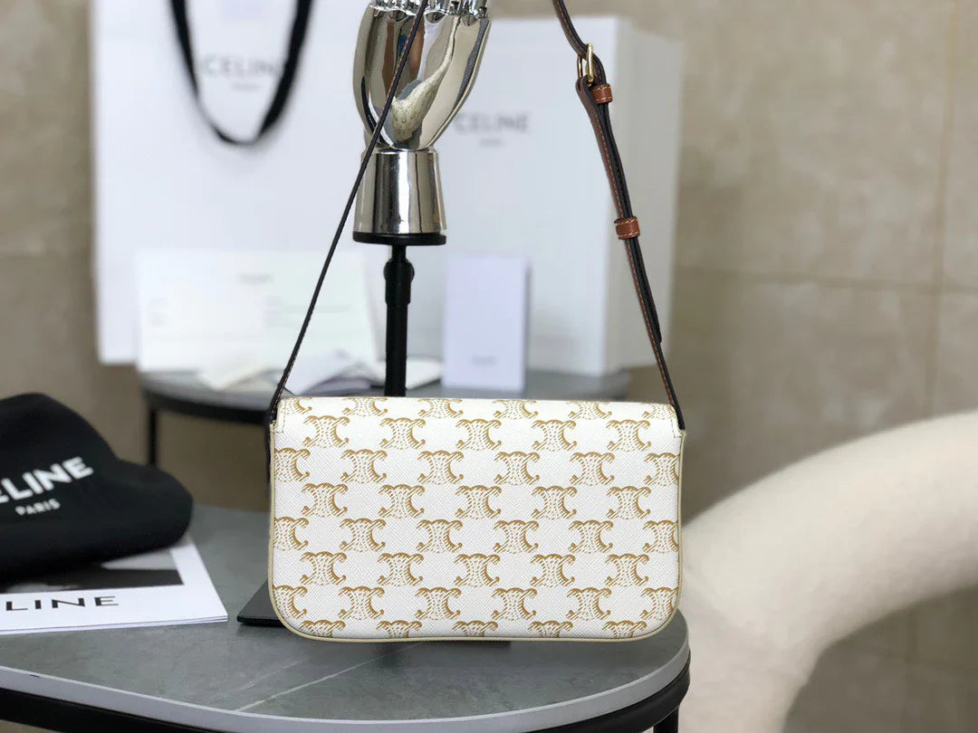 CELINE Triomphe Shoulder Bag In Triomphe Canvas And Calfskin White 20 x 10 x 4 cm