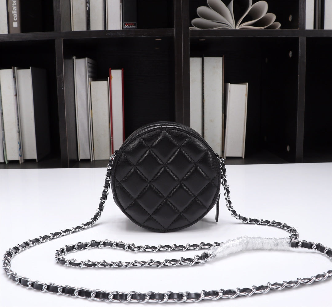 CHANEL Lambskin Quilted Round Clutch With Chain Black
