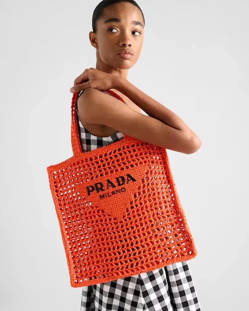 Prada Women's Natural Crochet Tote Bag-Orange