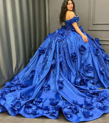 Gorgeous Ball Gown Off the Shoulder Flower Appliques Blue Satin Sweet 16 Dress, Quinceanera Dress SH3040