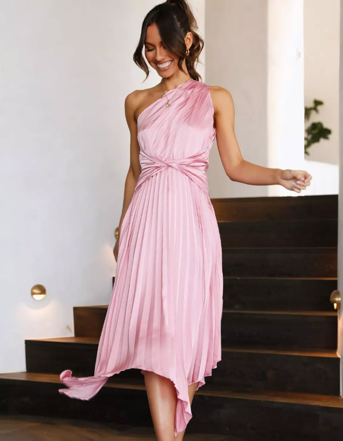 Elegant A Line One Shoulder Pleated Pink Satin Bridesmaid Dress Evening Dress SH3055