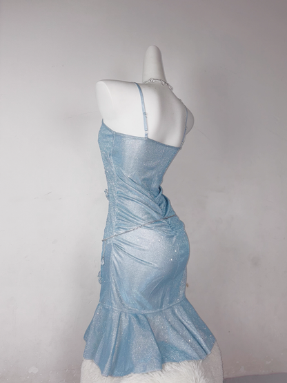 Classy Blue Spaghetti Straps Ruffles Homecoming Dress Short Birthday Dress S606