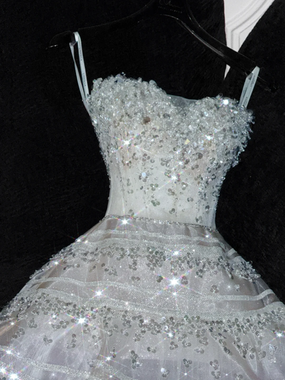 Exquisite White Beaded Ball Gown Strapless Sequin Tulle Prom Dress Party Dress SH3412