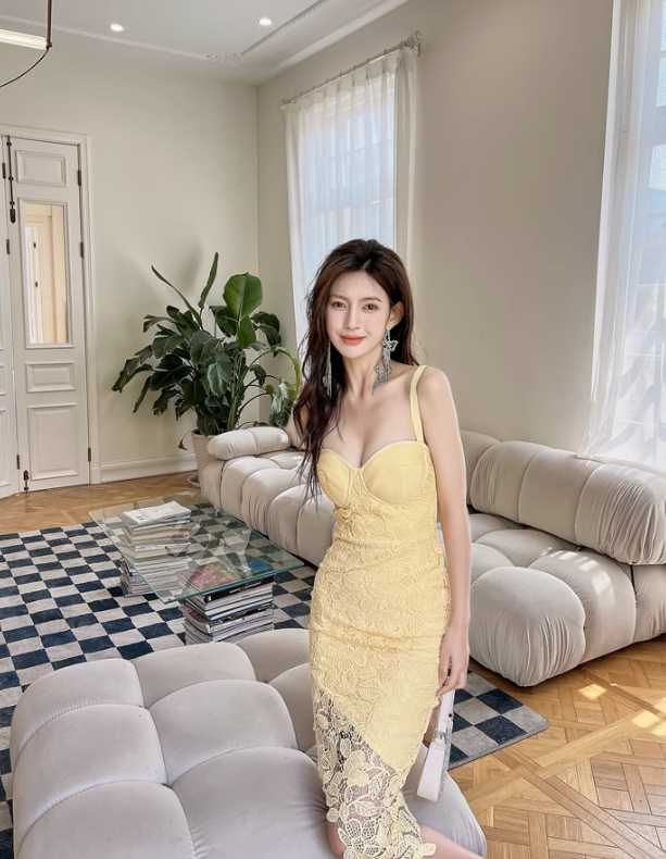 Gentle Yellow Sheath Spaghetti Strap Lace Short Homecoming Dress Cocktail Dress SH3578