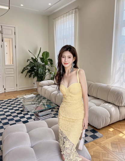 Gentle Yellow Sheath Spaghetti Strap Lace Short Homecoming Dress Cocktail Dress SH3578