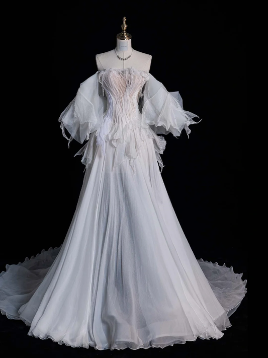 Unique A Line Off the Shoulder White Chiffon Long Sweep Prom Dress Graduation Prom Dress SH2565