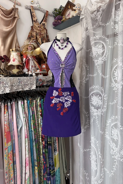 Vintage Purple Halter Beaded Sheath Short Cocktail Dress Homecoming Dress Backless Birthday Outfits S506
