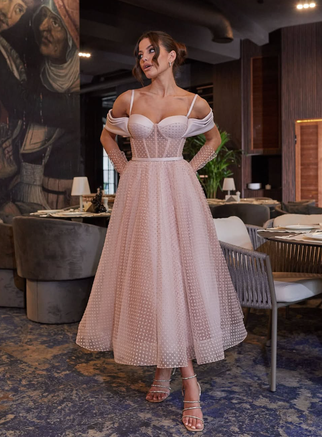 Elegant A Line Off the Shoulder Light Pink Tulle Prom Dress Evening Dress SH2257