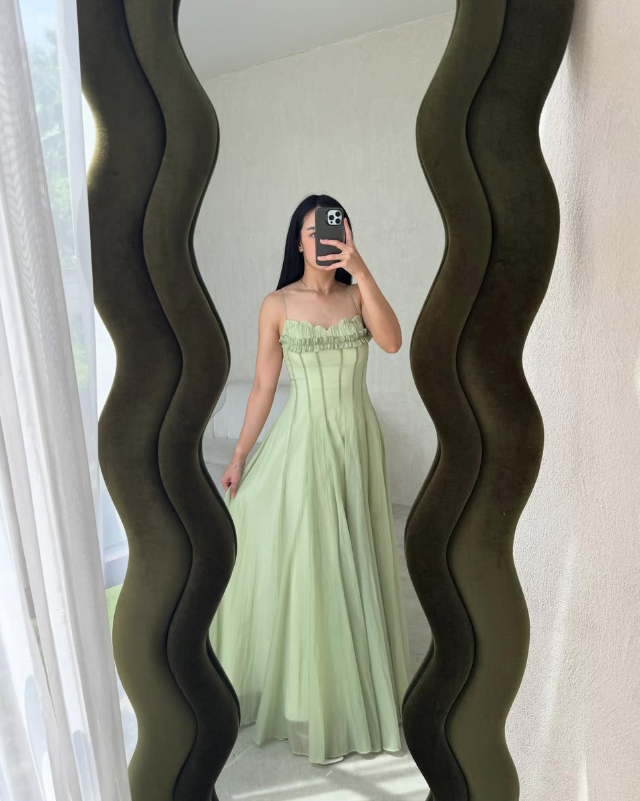 Gentle A Line Spaghetti Strap Green Chiffon Long Prom Dress Evening Dress SH2629