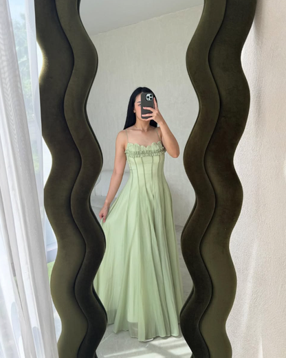 Gentle A Line Spaghetti Strap Green Chiffon Long Prom Dress Evening Dress SH2629