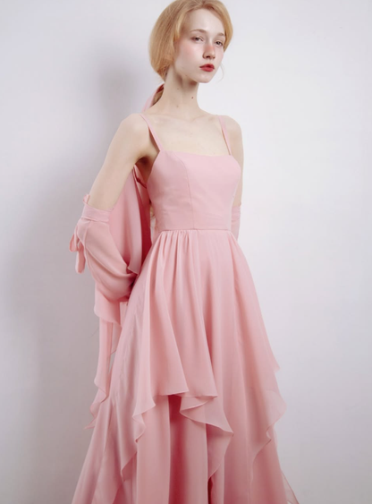 Pink A Line Straps Chiffon Slit Long Prom Dress Evening Dress with Cape SH3320