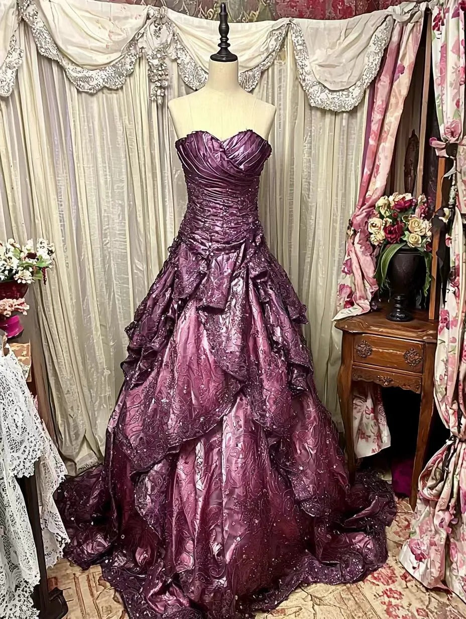 Purple Fashion Vintage Elegant Exquisite Beading Sweet Elegant Long Layered Tulle Floor Length Ball Gown Evening Dress Wedding Dress gh4158