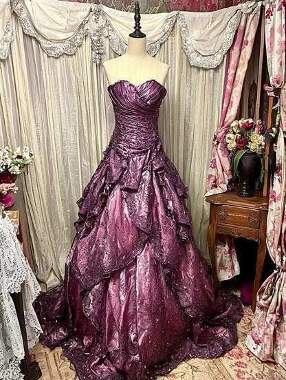 Purple Fashion Vintage Elegant Exquisite Beading Sweet Elegant Long Layered Tulle Floor Length Ball Gown Evening Dress Wedding Dress gh4158