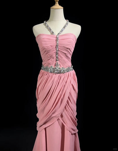 Pink Gorgeous Shiny Elegant Exquisite Beaded Tulle Long Mermaid Floor Length Slim Ball Gown Evening Gown Party Dress Prom Dress gh3851