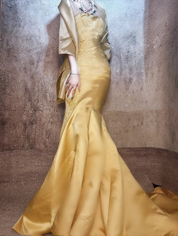 Yellow gorgeous exquisite beaded long satin ball gown evening dress party dress gh4499