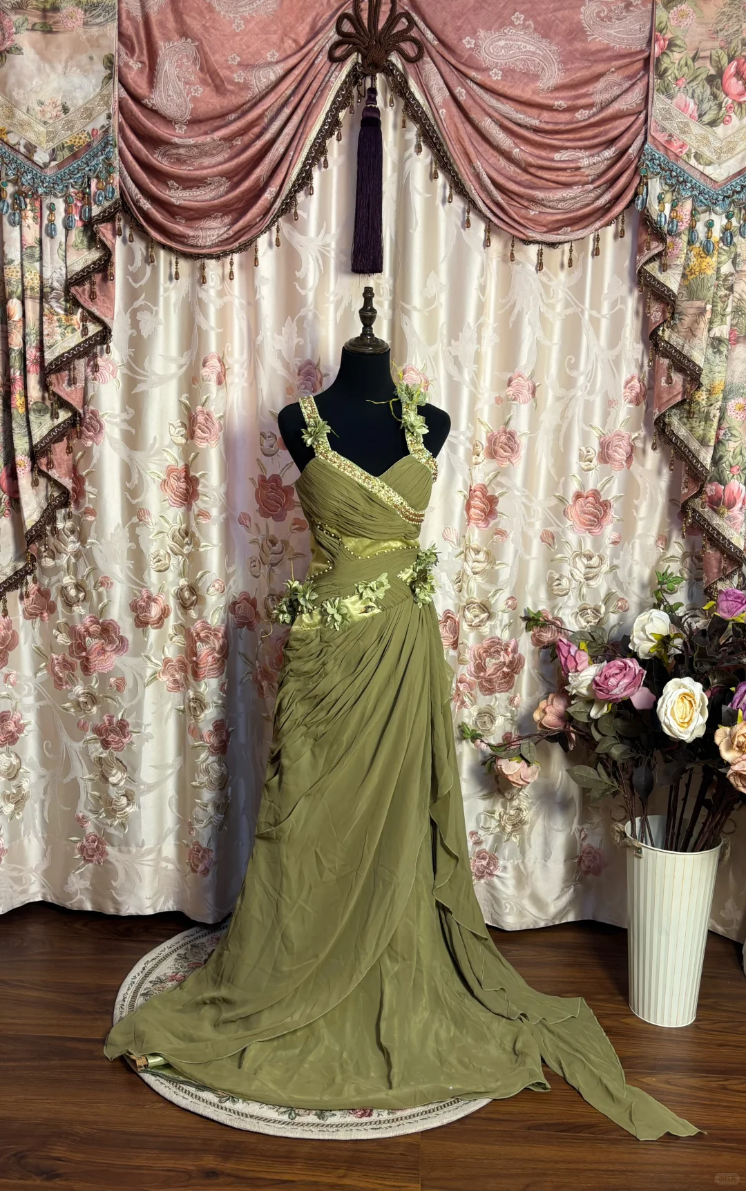 Vintage Dreamy Green A Line Strap Beaded Floral Chiffon Prom Dress Evening Dress Formal Dress SH3705