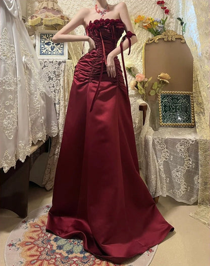 Burgundy Vintage Floral Long Satin Prom Dress Birthday Party Dress Evening Dress gh4412